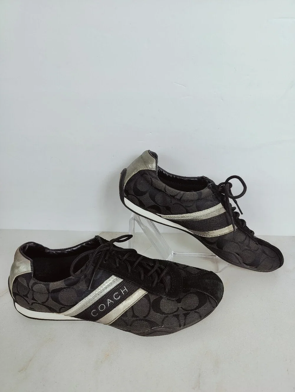 Coach Jayme Signature Sneakers Black Silver Monogram, Sz 8.5